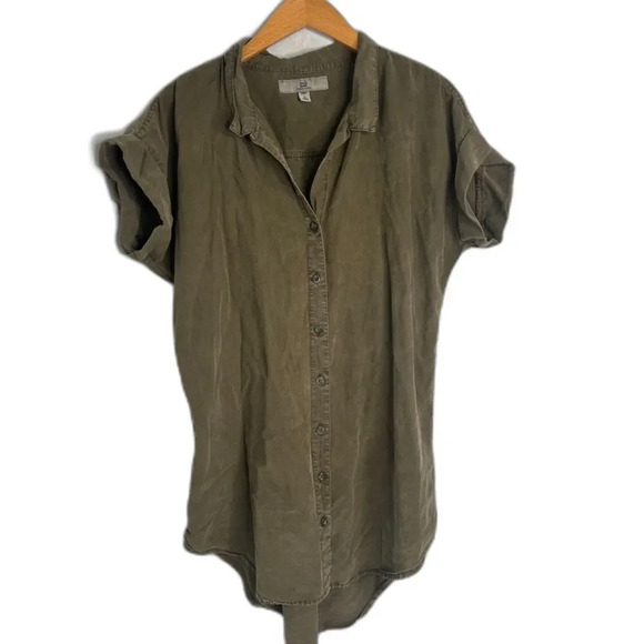 Thread & Supply Army Green Short Sleeve Button Front Tunic Utility Shirt Sz SM - Picture 1 of 9